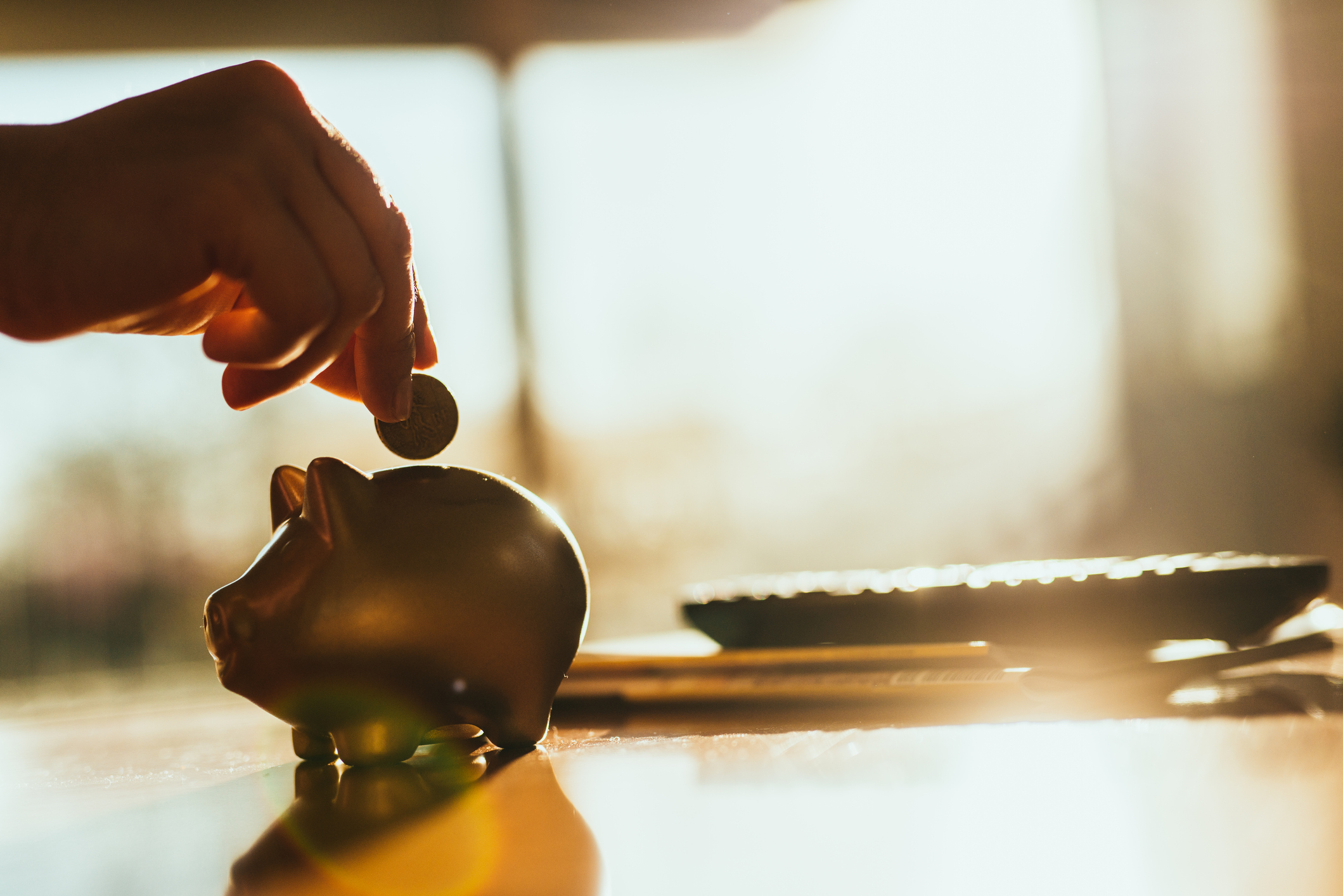 Putting coin in piggy bank