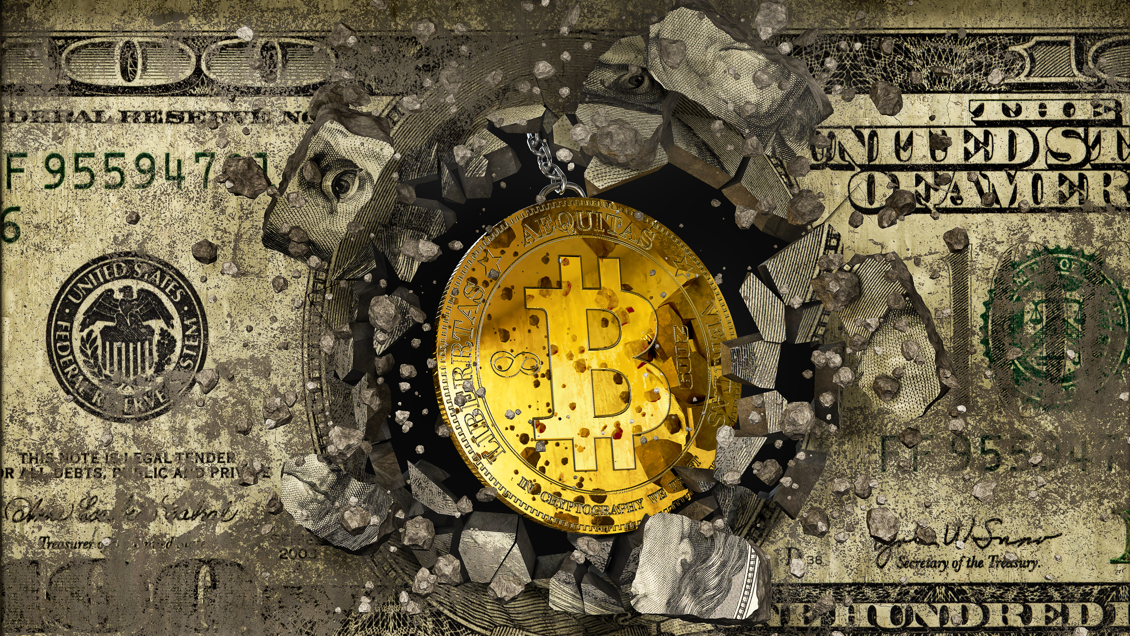 crypto boom Bitcoin token bursting through center of hundred dollar bill.