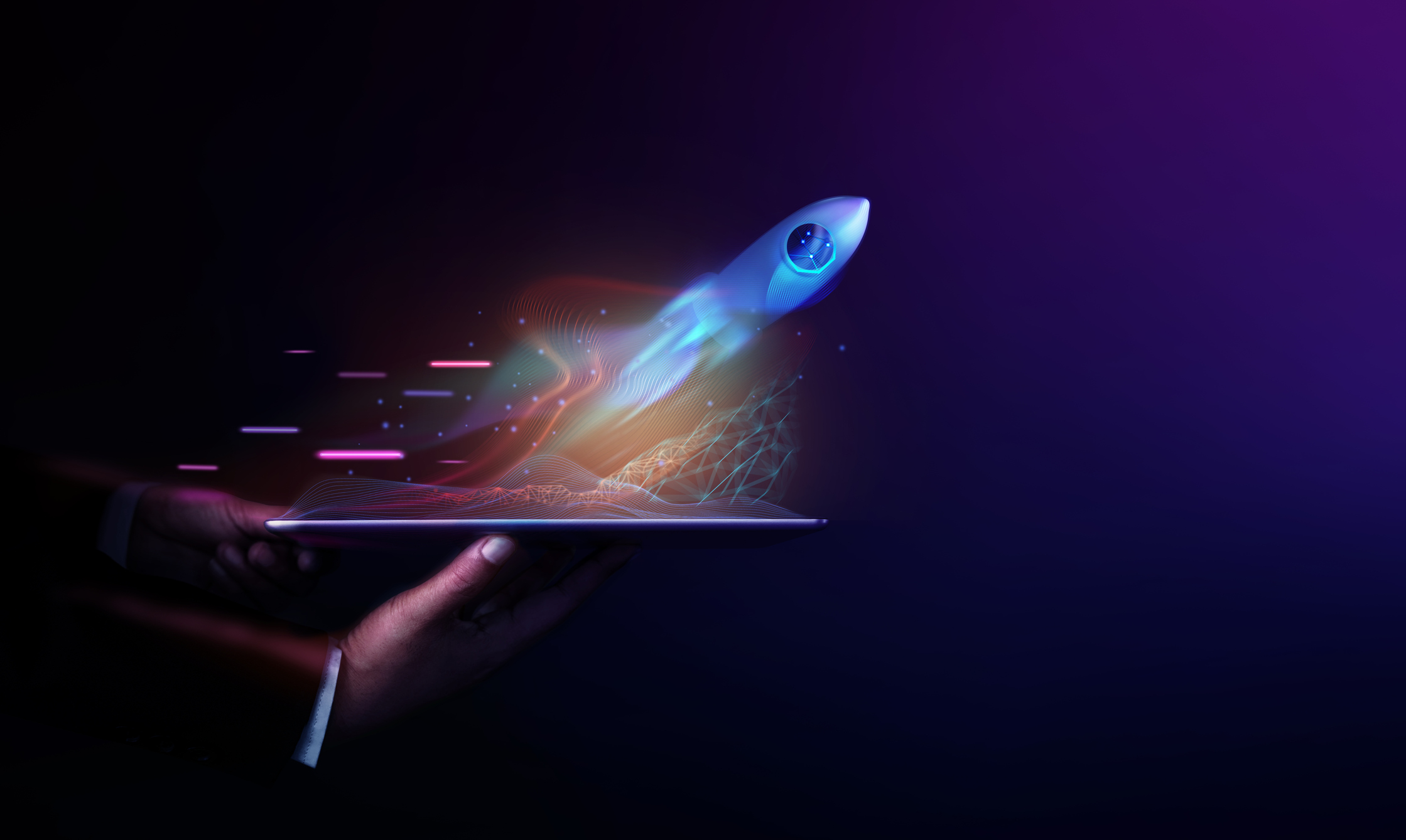 crypto_to_the_moon Someone holding a tablet with a rocket flying out of it.