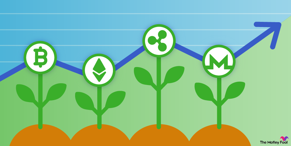 cryptocurrency-stocks-infographic A graphic showing different cryptocurrency coins as plants sprouting from the ground with an arrow pointing upward.