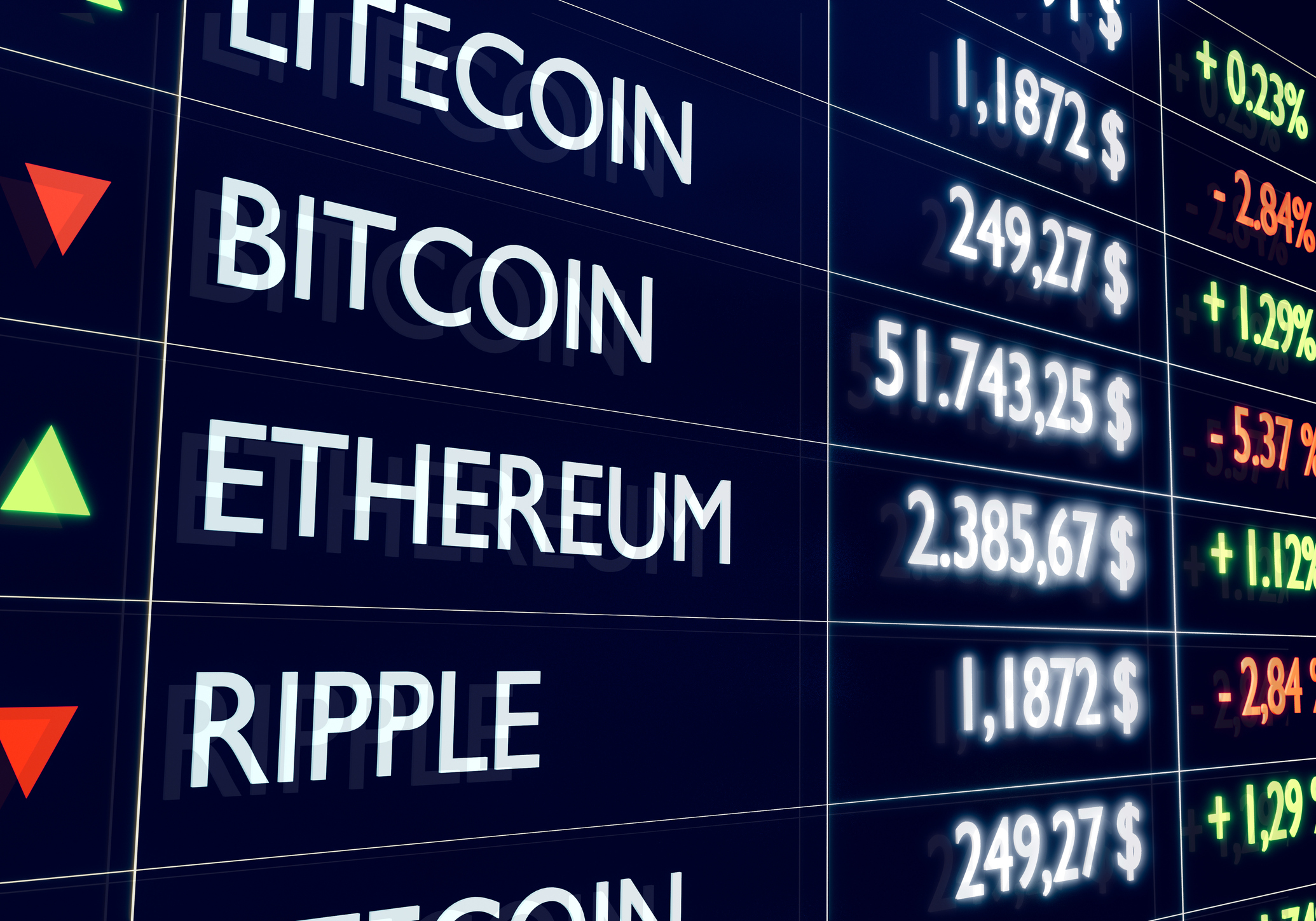 cryptocurrency_on_a_screen Frankfurt am Main, Germany - September, 2021: Cryptocurrencies on a trading screen, such as Bitcoin, Ethereum or Ripple with exemplary prices, daily changes and down up signs.