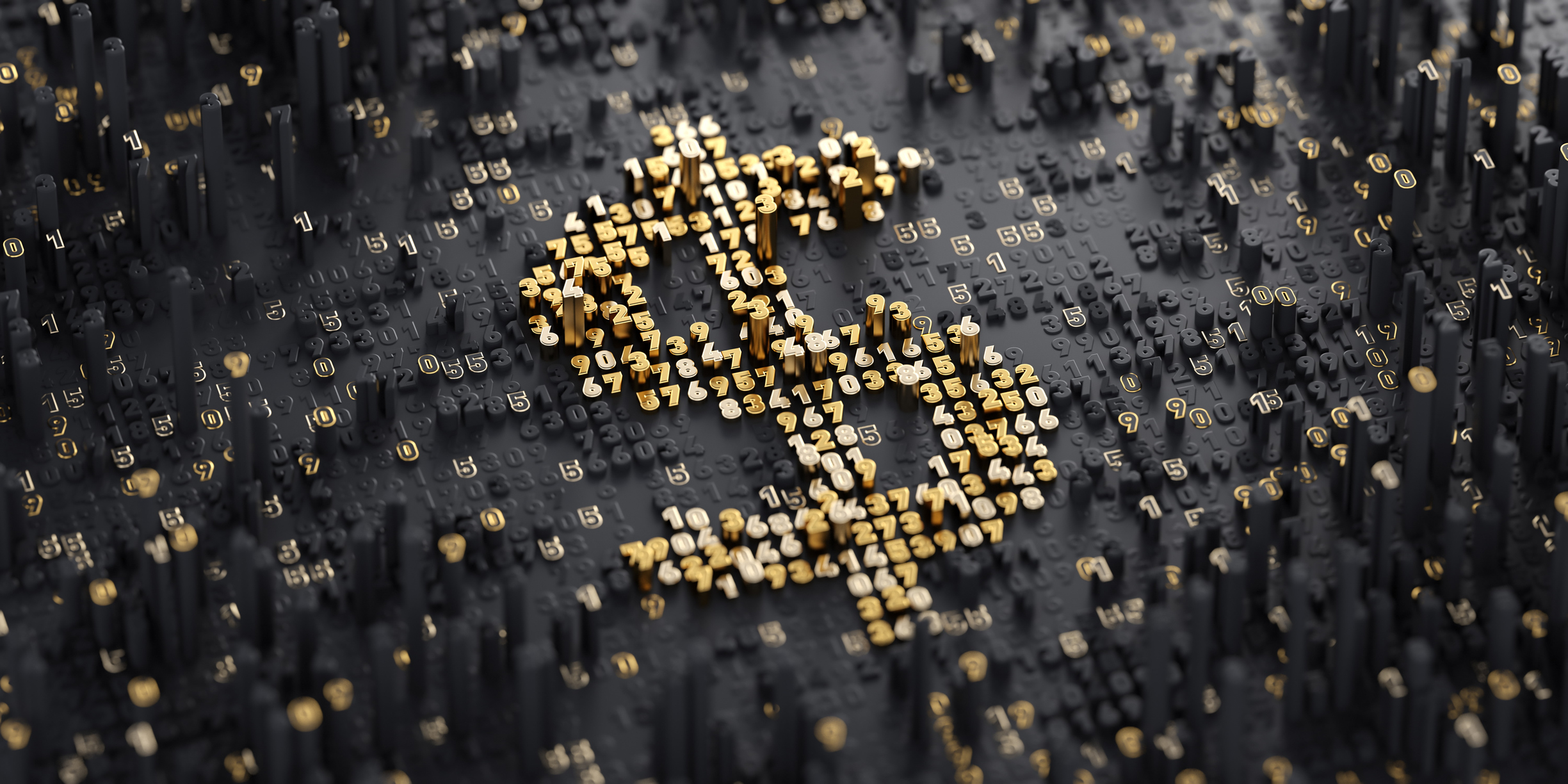 A gold dollar sign made up of small numbers on a black background.