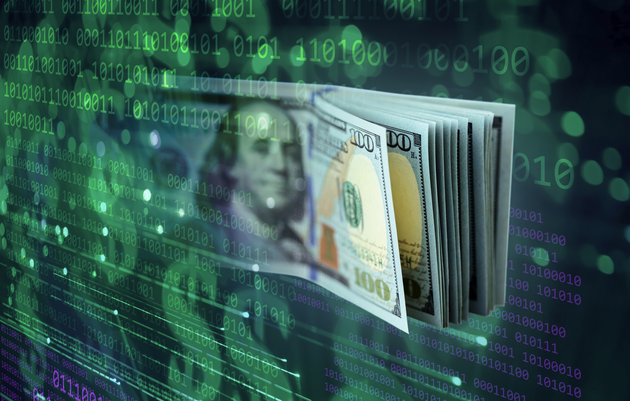 financial technology virtual currency Binary background with $100 bills representing virtual currency.