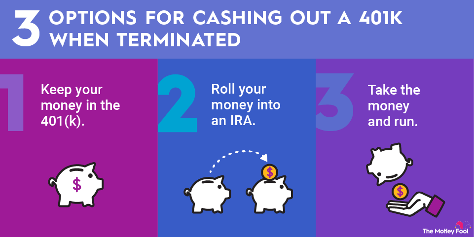 how-to-cash-out-401k-when-terminated-infographic An infographic explaining three options for cashing out a 401k account when terminated from a job.