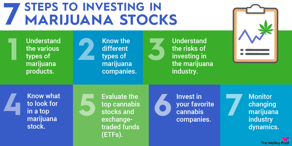 how-to-invest-in-marijuana-stocks-infographic A graphic listing the seven steps required to invest in marijuana stocks.
