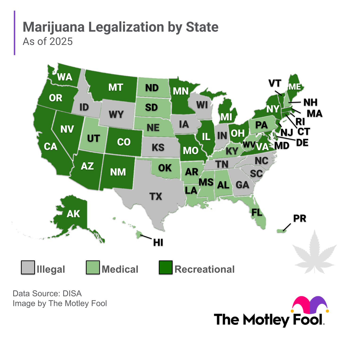 Infographic displaying the legalization status of marijuana in the US and Puerto Rico