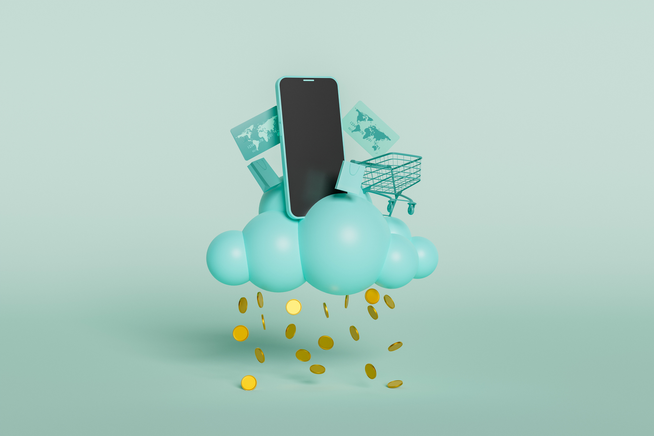 cloud raining money Gold coins rain down from a cloud with a smartphone, shopping icons, and maps on top.