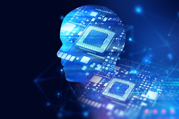 Computer chips inside outline of human body Computer chips inside an outline of a human body.