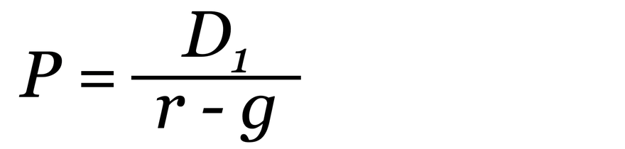 Formula for the Gordon Growth Model. P equals D1 divided by the difference between r and g.