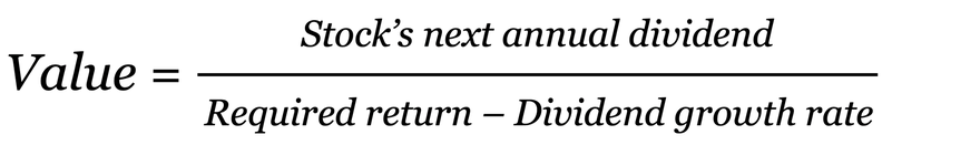 A simplified Gordon Growth model formula, where value equals a stock's next annual dividend divided by the difference between the stock's required return and its dividend growth rate. A simplified Gordon Growth model formula, where value equals a stock's next annual dividend divided by the difference between the stock's required return and its dividend growth rate.