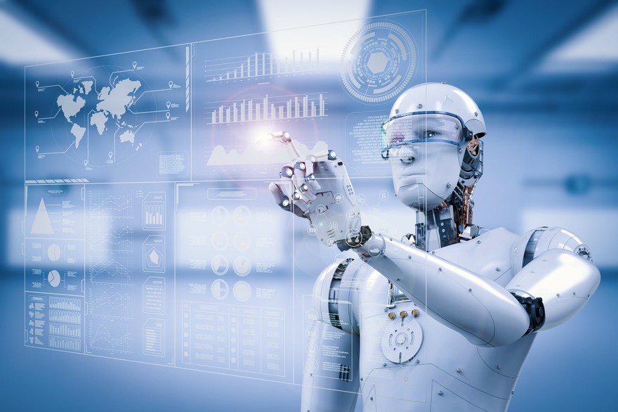 A robot touching a digital screen. A robot touching a digital screen.