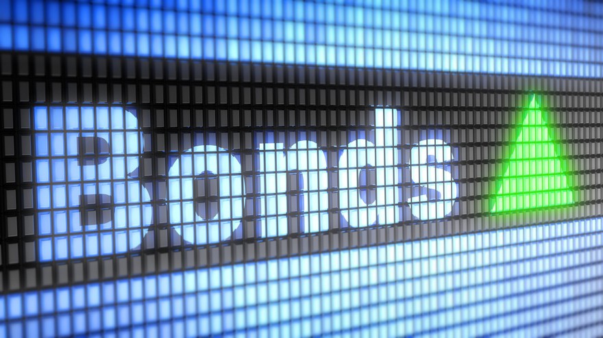 The word bonds in blue electronic block letters next to a green arrow pointing upward.