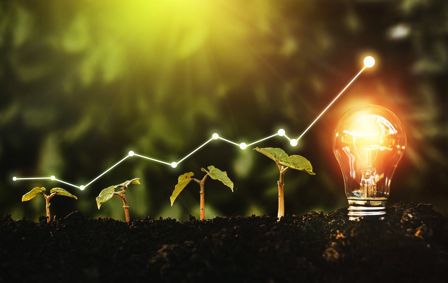 positive trending line chart float above seedlings and a lit lightbult positive trending line chart float above seedlings and a lit lightbult