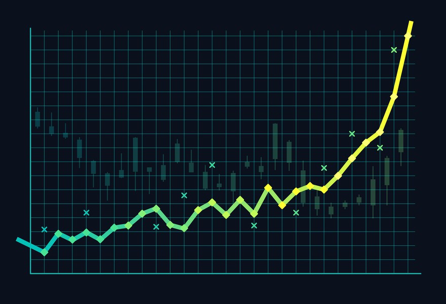 A line graph showing dramatically upward momentum. A line graph showing dramatically upward momentum.