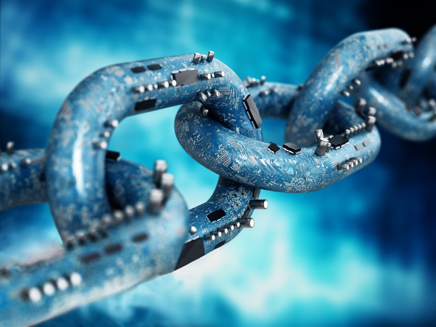 A computer rendering of a chain made out of computing components. A computer rendering of a chain made out of computing components.