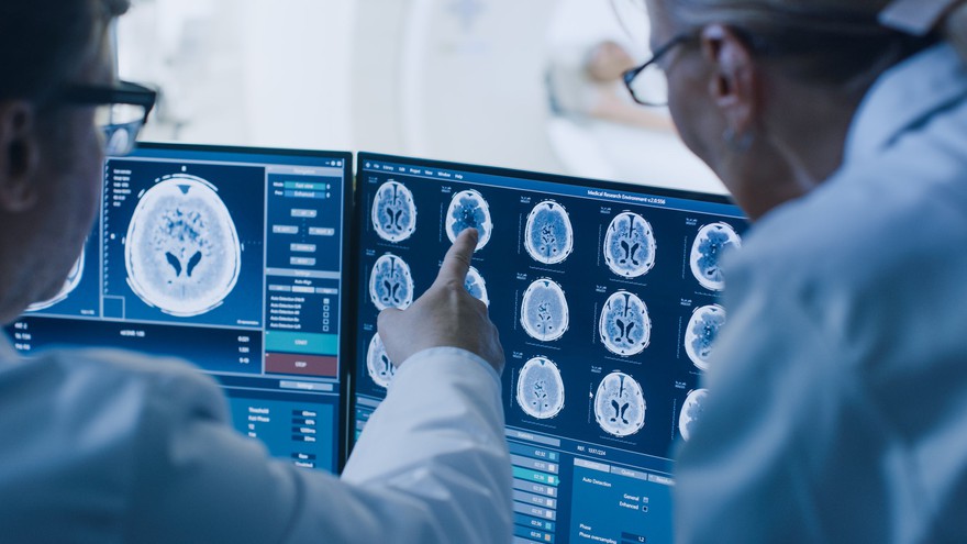 Two scientists looking at a monitor showing brain scans. Two scientists looking at a monitor showing brain scans.