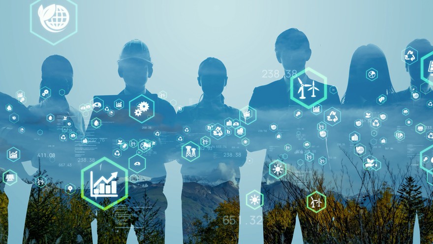 A group of people surrounded by clean energy icons. A group of people surrounded by clean energy icons.