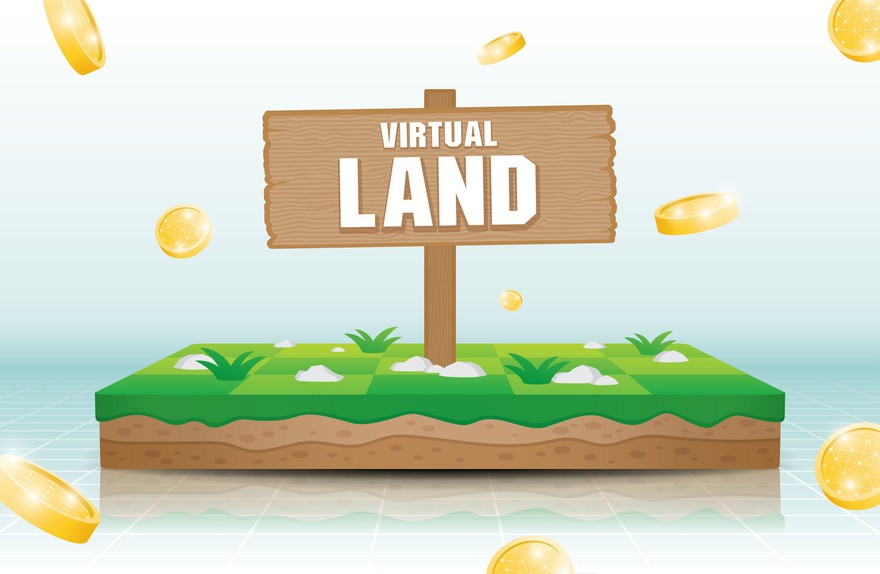 A sign reading "virtual land" sits on a cartoon plot of land. A sign that says virtual land sits on an illustrated plot of land with gold coins falling from the sky.