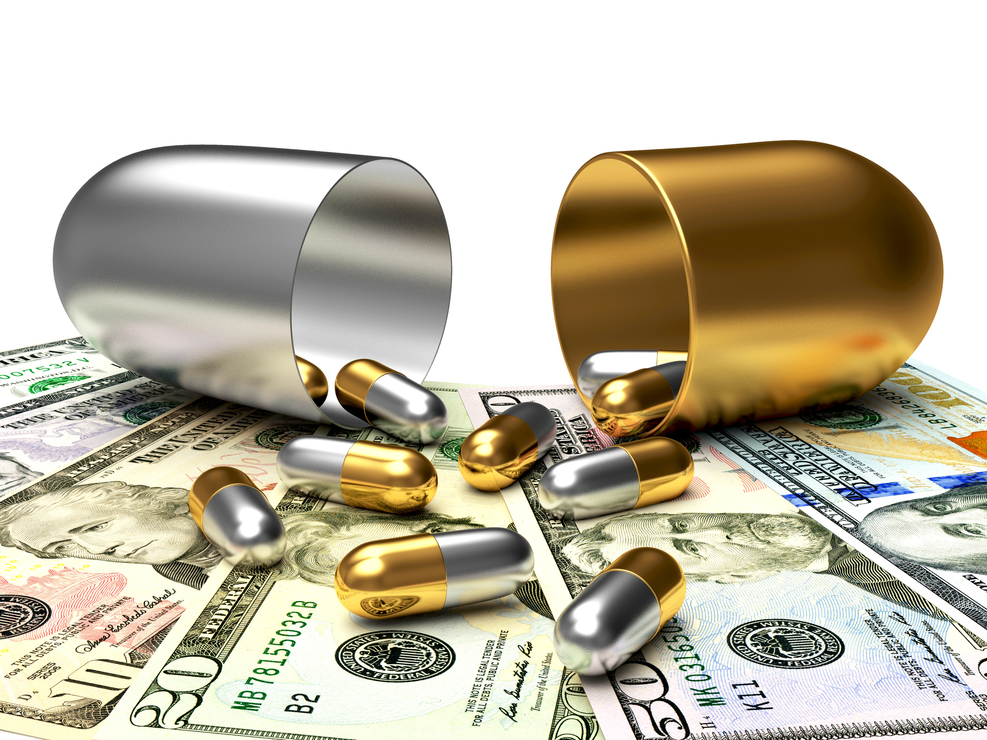 Pills on money Pills lying on dollar bills.
