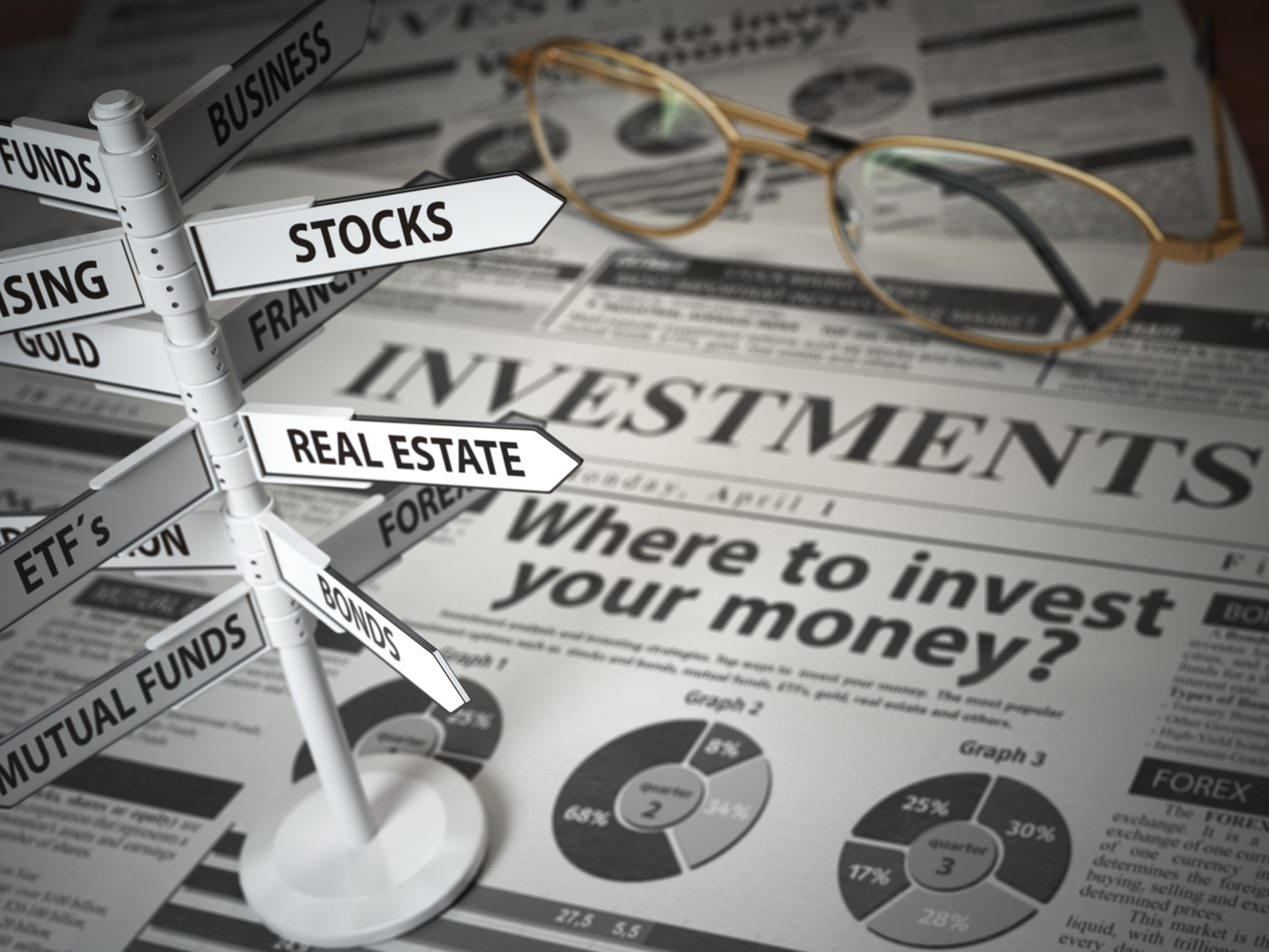 portfolio diversification stocks bonds where to invest A sign post showing several investment options.