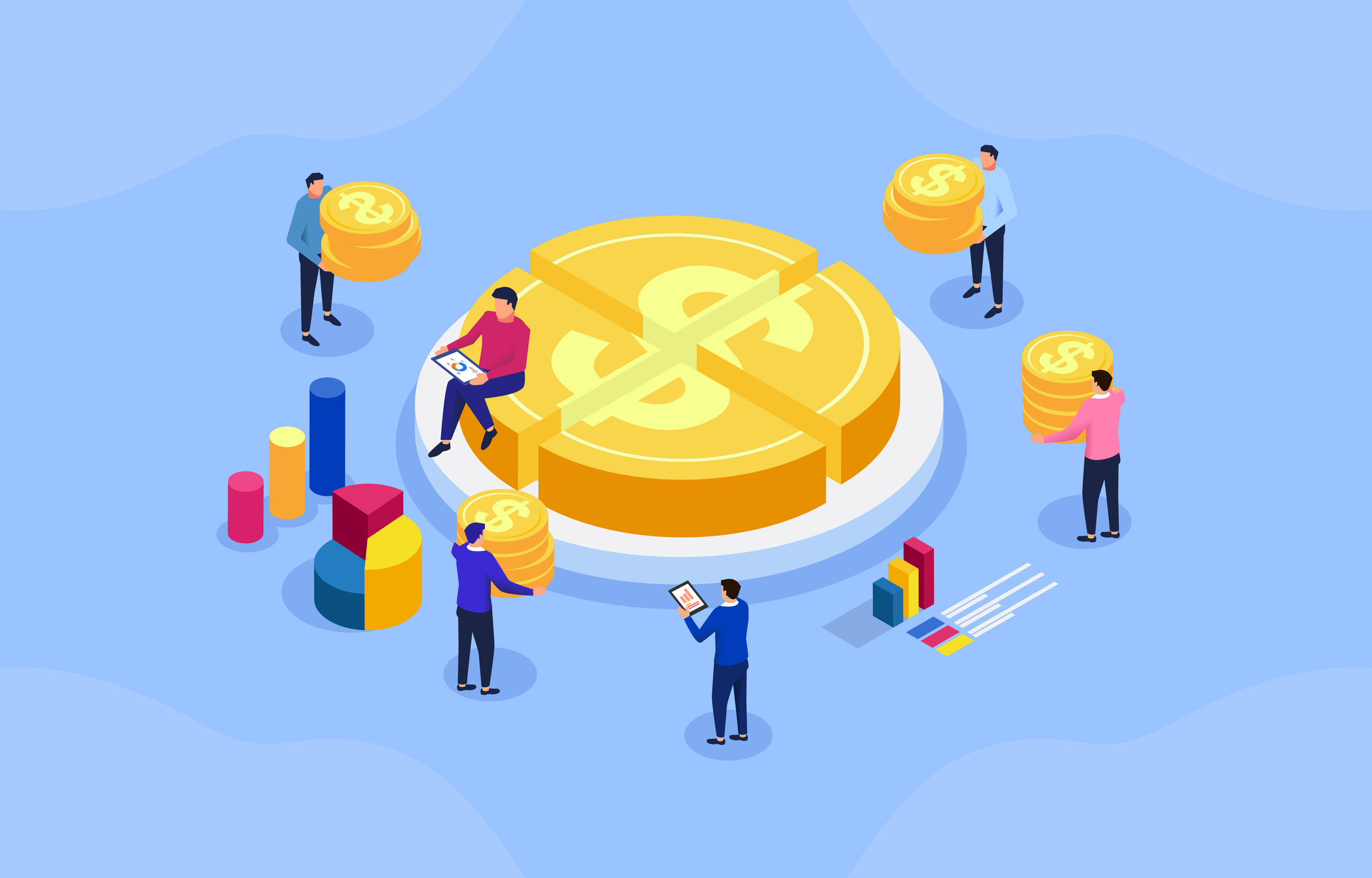 profit sharing plan.jpg Cartoon people all taking slices of a pie-shaped gold coin