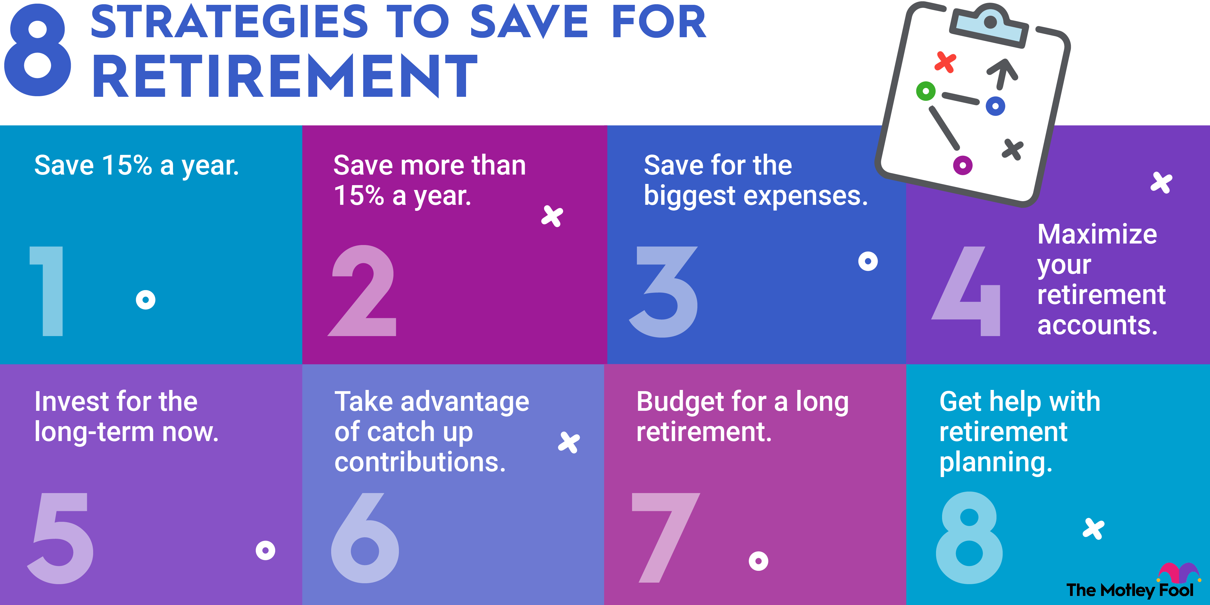 retirement-strategies-infographic A graphic listing 8 strategies to save money for retirement.