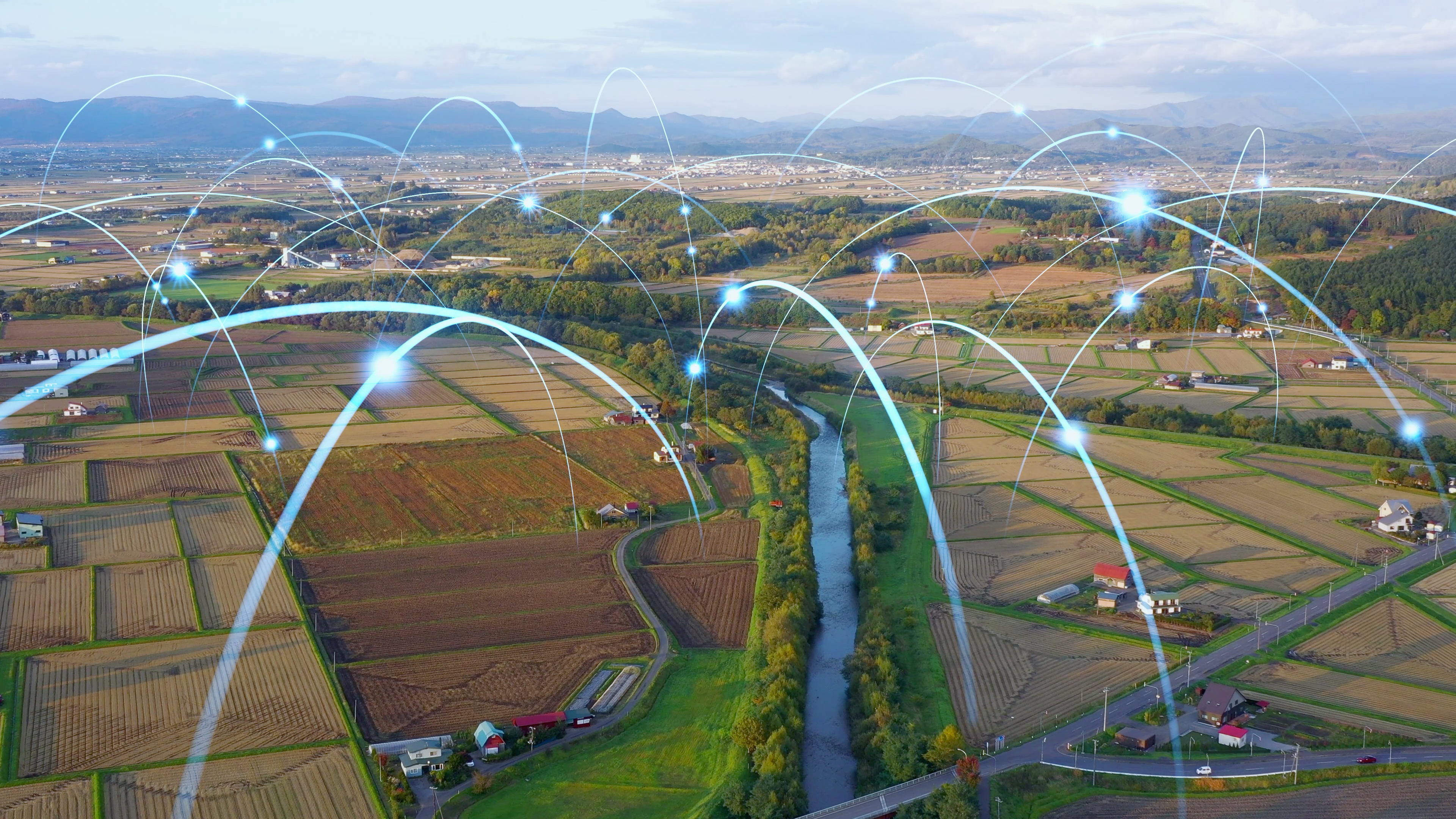 rural infrastructure generic.jpg Imaginary lines atop a rural scene with highways, homes, and a river.