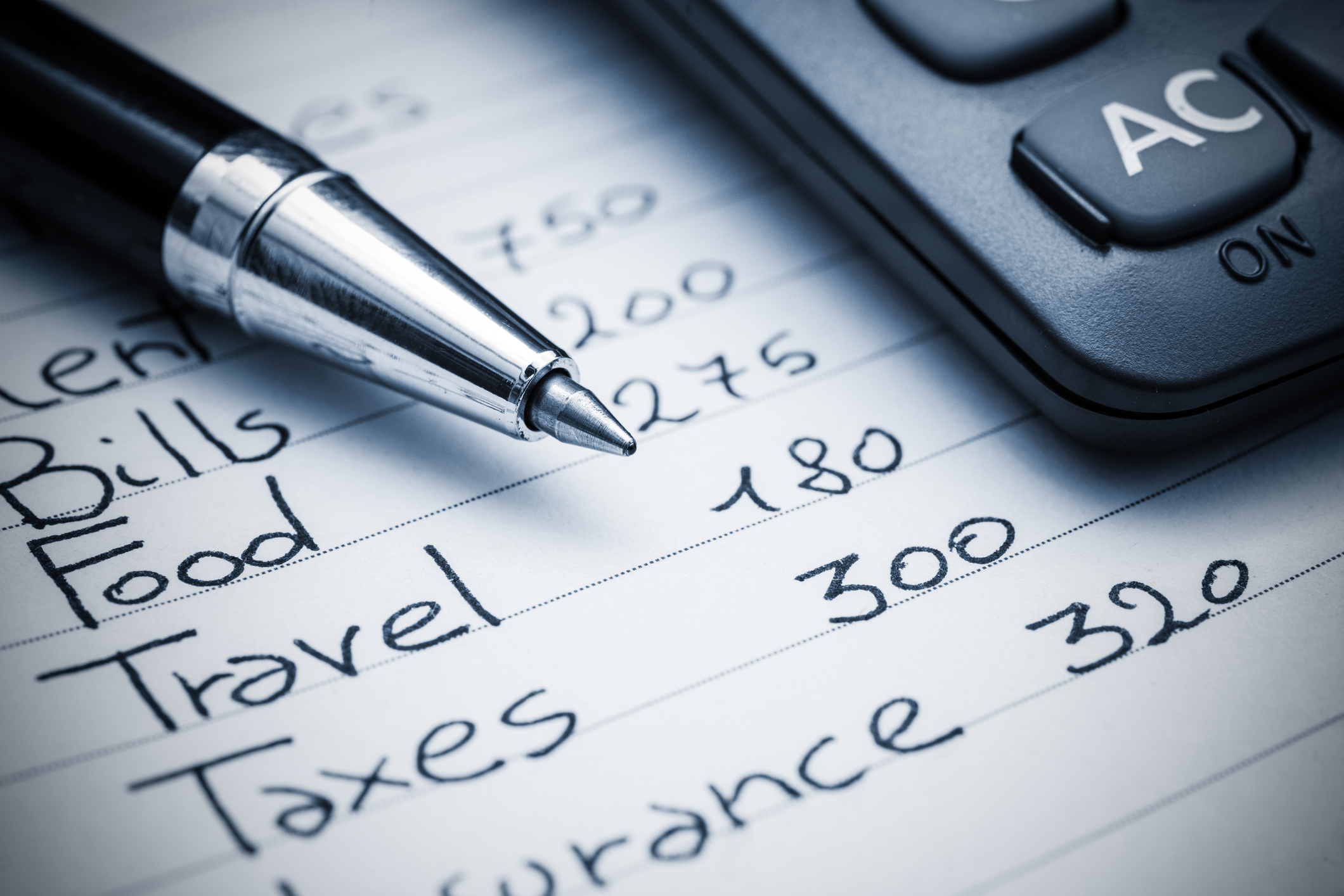A household budget written out on notebook paper A household budget written out on notebook paper.