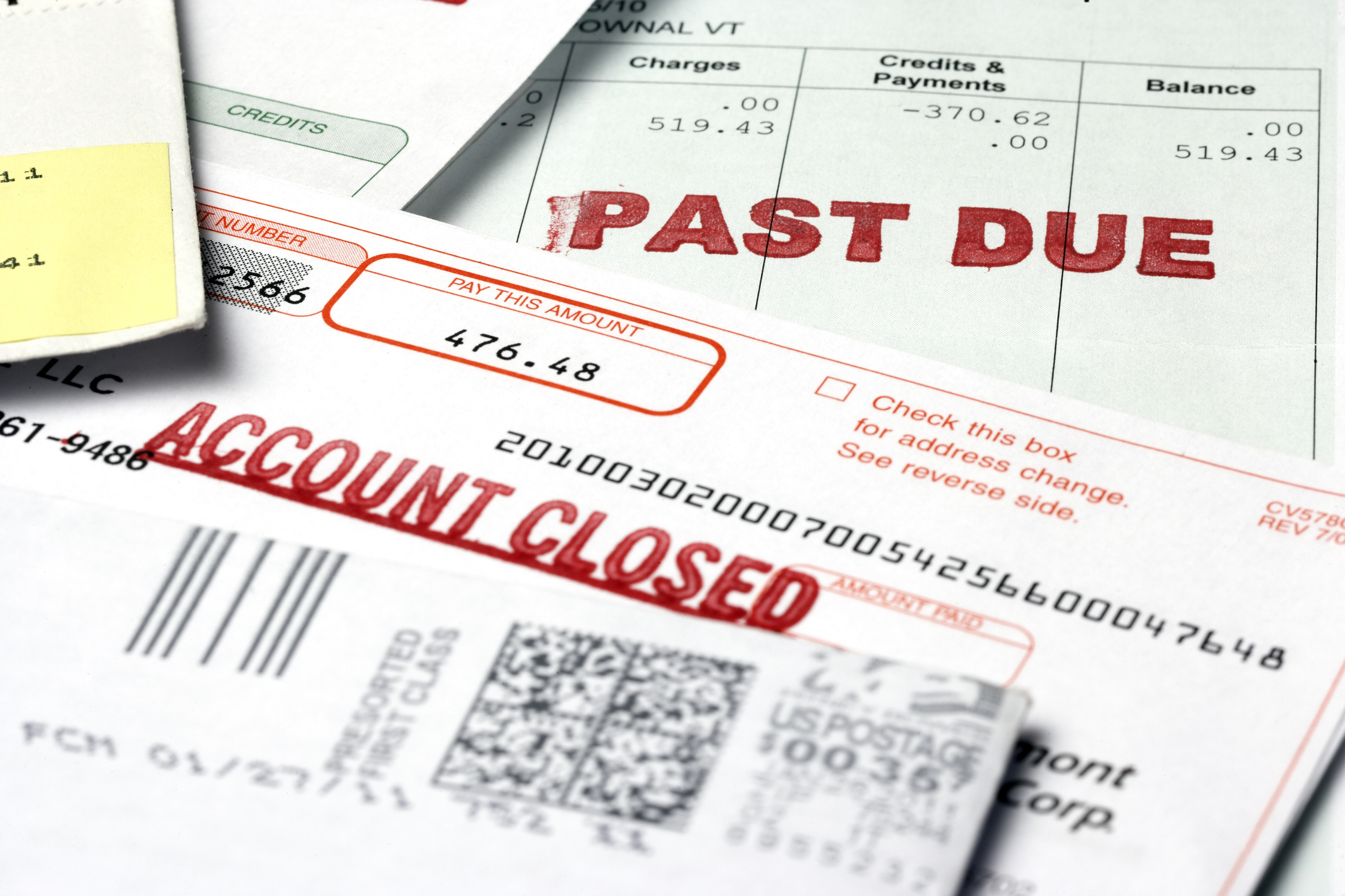 debt past due notice Bills stamped Past Due and Account Closed.
