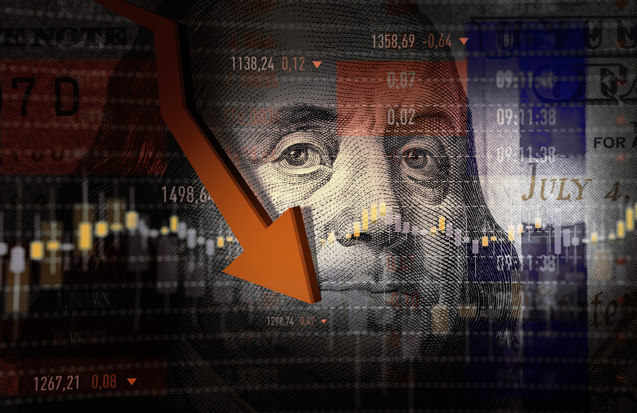 Red arrow crashing down over background of hundred dollar bill