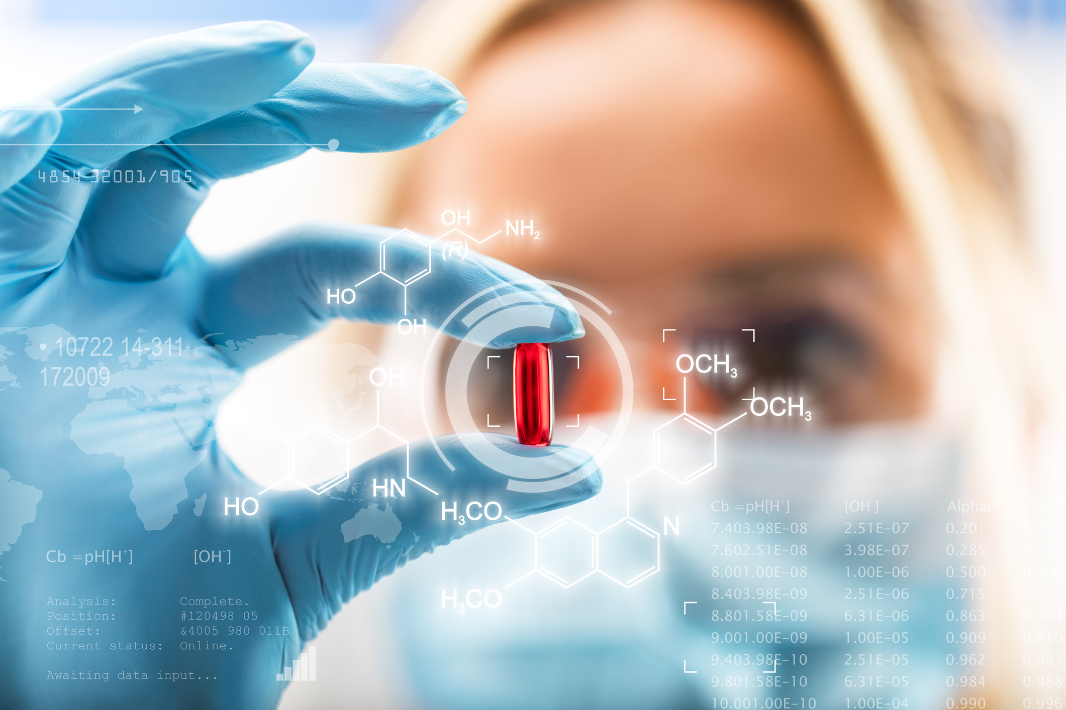 Woman using gloves to hold up and inspect a red pill. Woman using gloves to hold up and inspect a red pill.