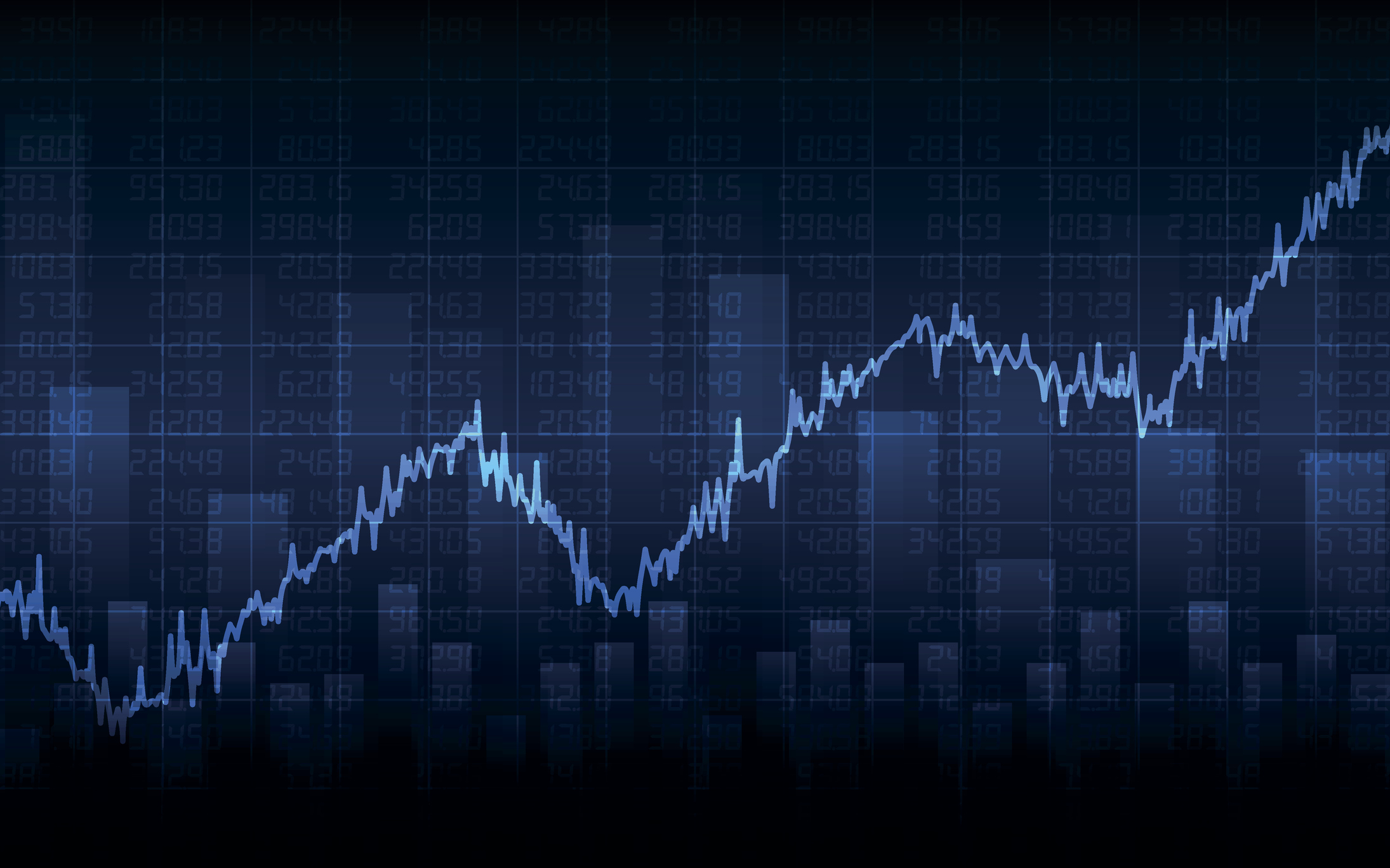 chart showing spiky line trending up and to the right with numbers in background -- stock returns gains profit Chart showing spiky line trending up and to the right with numbers in background.
