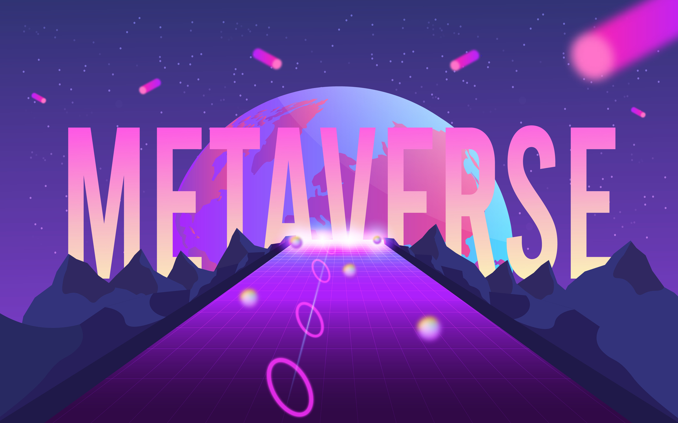 metaverse world A virtual road leads to a planet with the word metaverse in front of it.