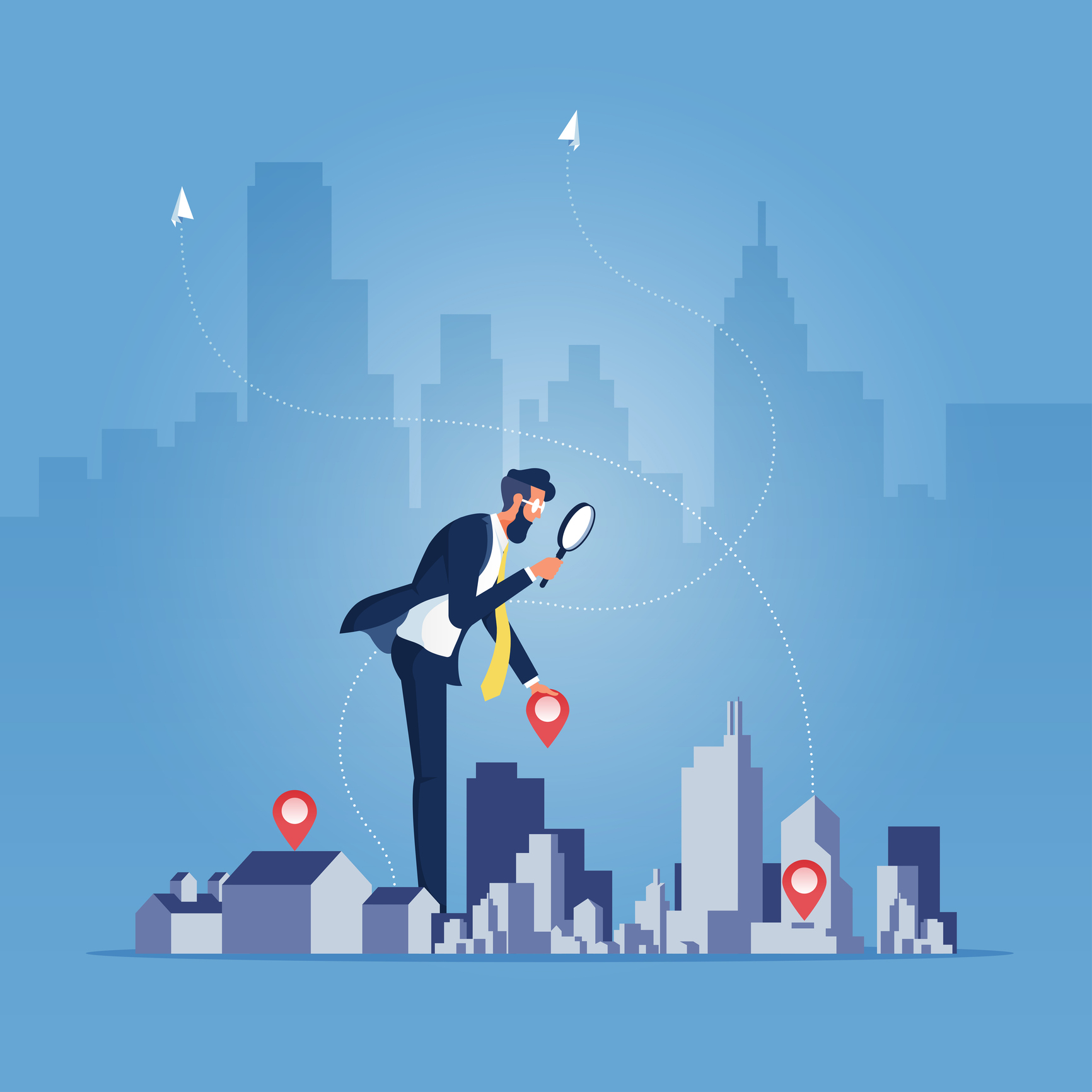 looking closely at real estate A person stands over a city with a magnifying glass.