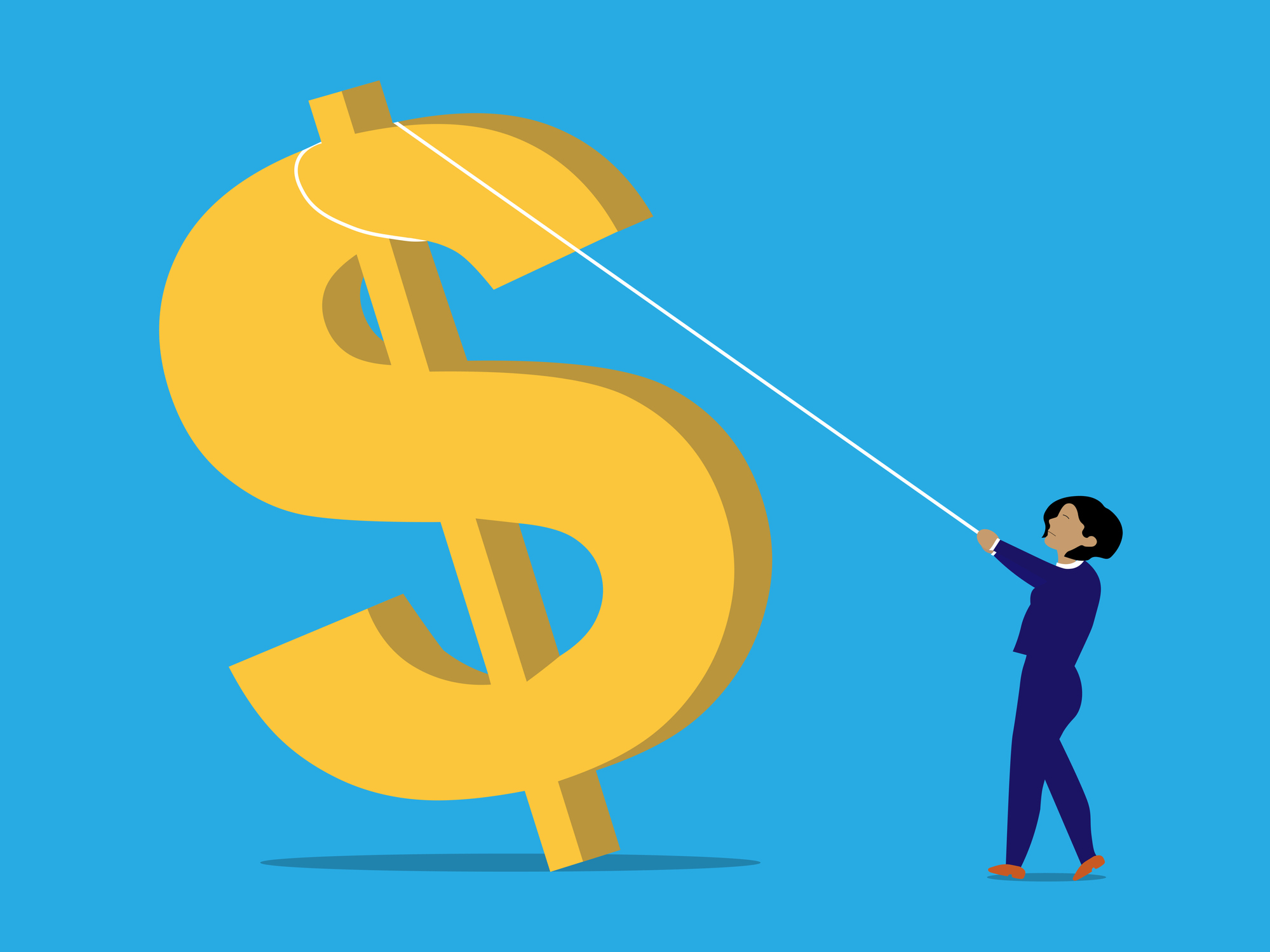 Person uses a rope to rein in the currency sign. Person uses a rope to rein in the currency sign.