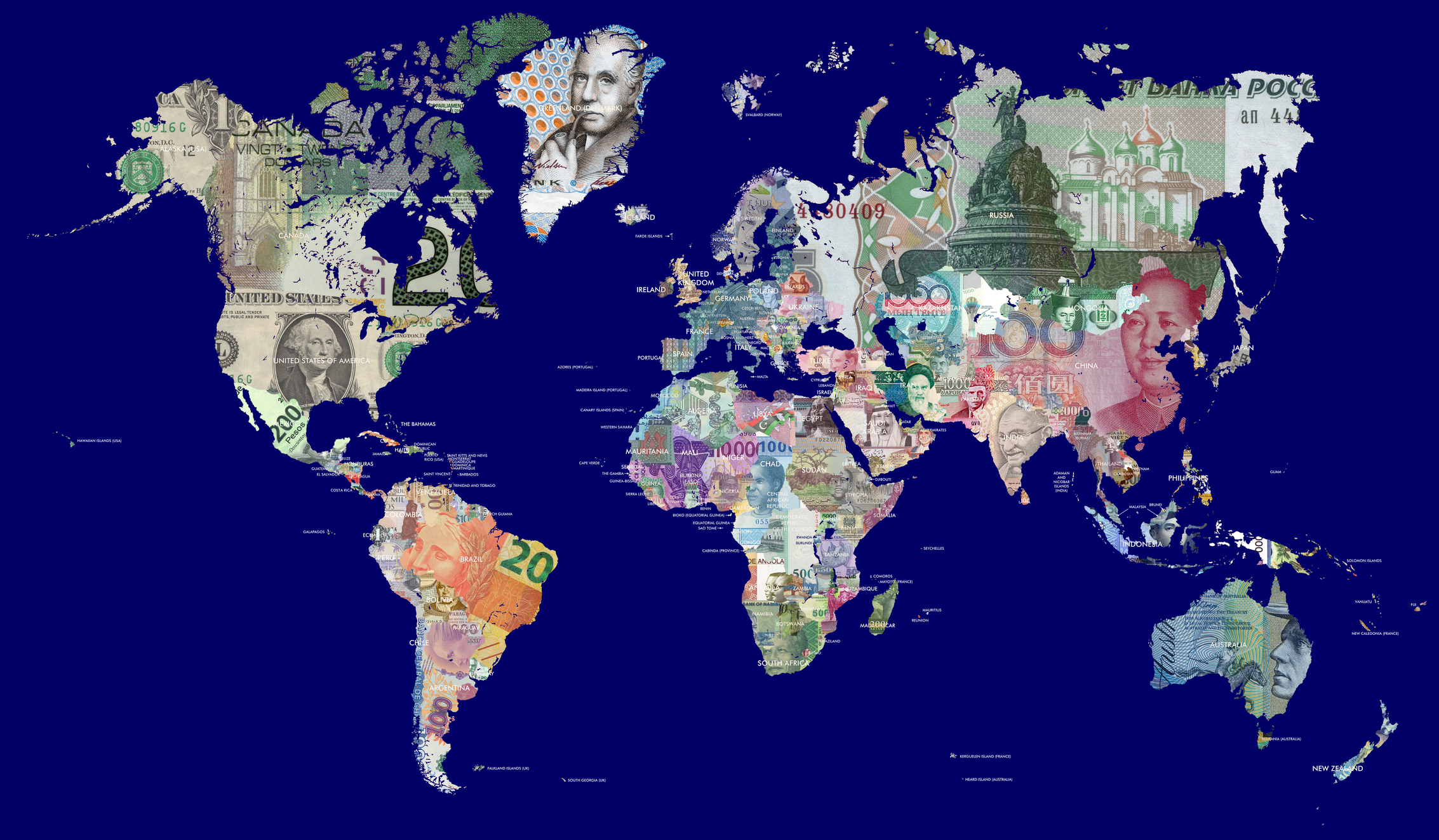 world map made of different countries currencies -- global international trade World map made up of different currencies.