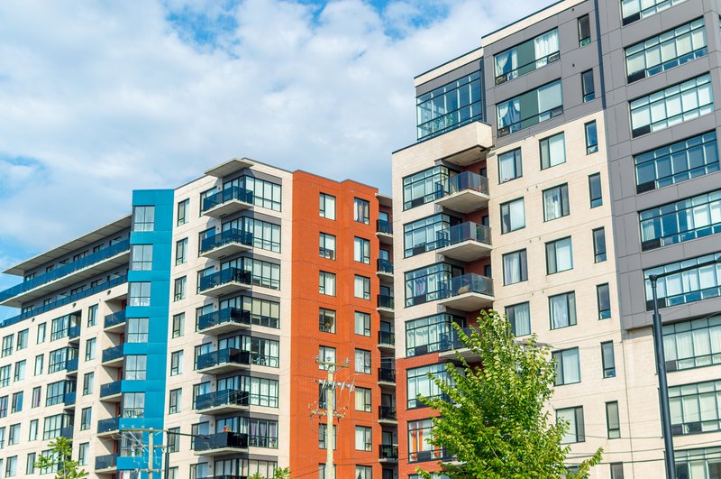colorful apartment buildings with blue sky