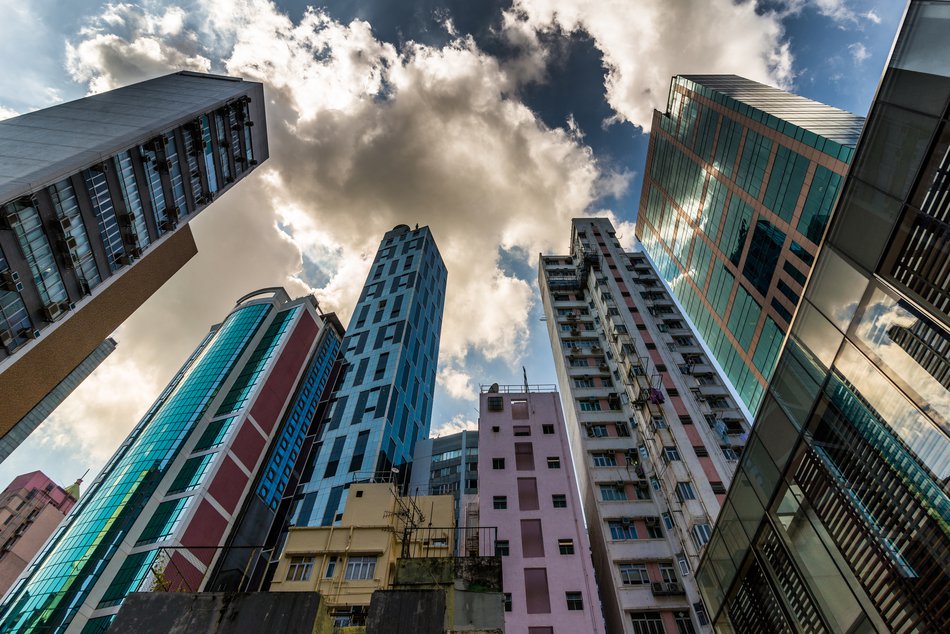 looking up at buildings