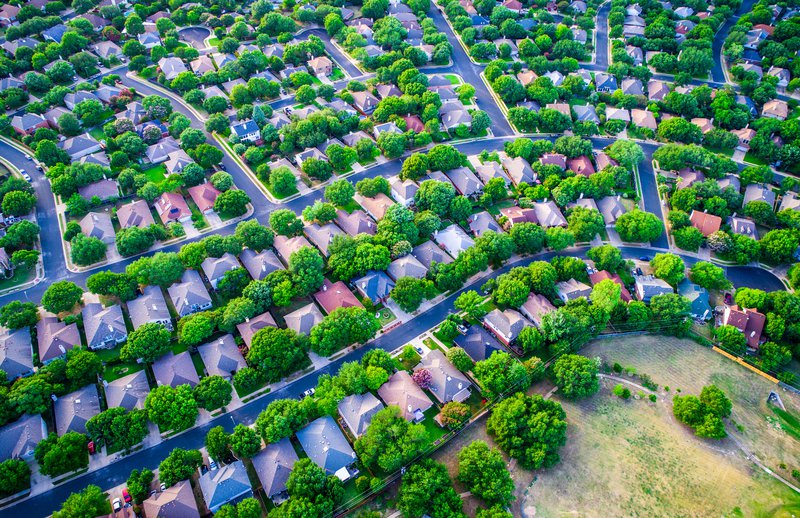 aerial shot of suburban neighborhood