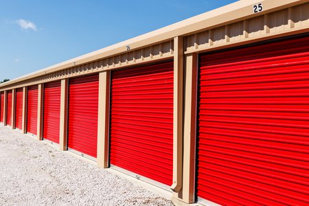 Self-storage facility with red doors