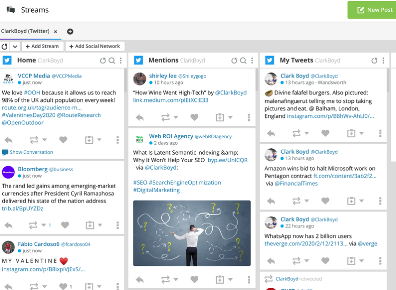 The Hootsuite's content streams for social listening.