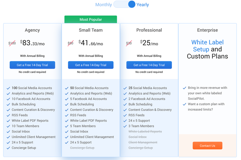 SocialPilot pricing plans to manage social media.