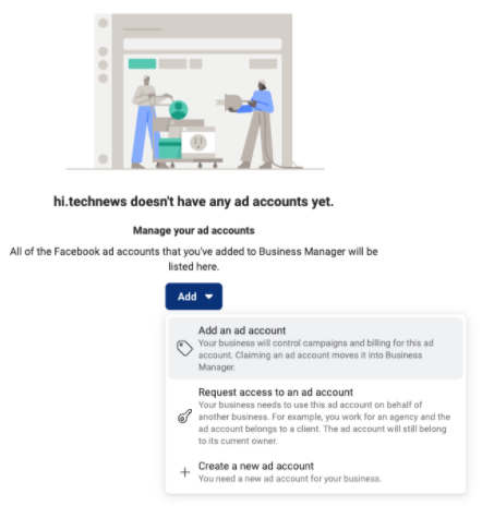 Three options for adding an account to a profile, with Add an Ad Account highlighted