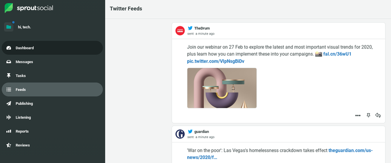 Sprout Social's Feeds screen with navigation on the left-hand side and content on the right-hand side.