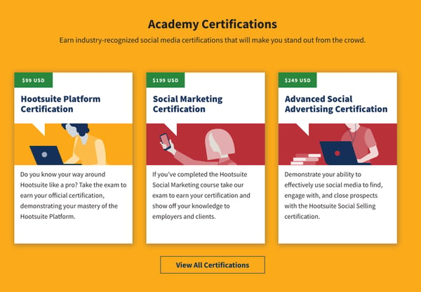 Hootsuite&#x27;s list of certification courses individuals can purchase.