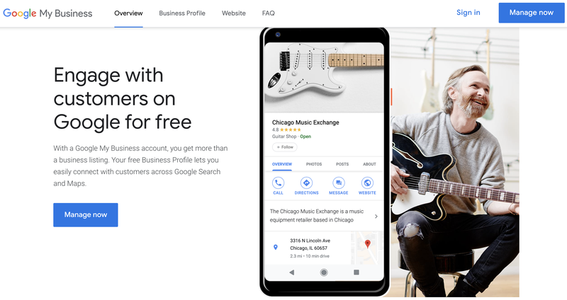 Screenshot of the Google My Business homepage.