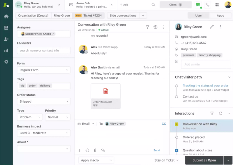 The screenshot shows an agent dashboard on Zendesk.