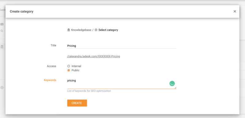 The option to create a category on LiveAgent’s customer portal.