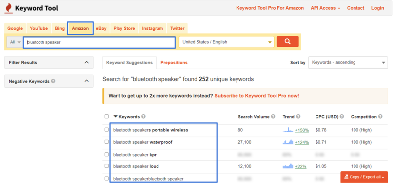 A screenshot showing several keyword suggestions for the phrase “bluetooth speaker.”