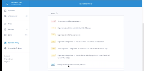 A screenshot of Abacus’s Expense Policy feature displaying current rules